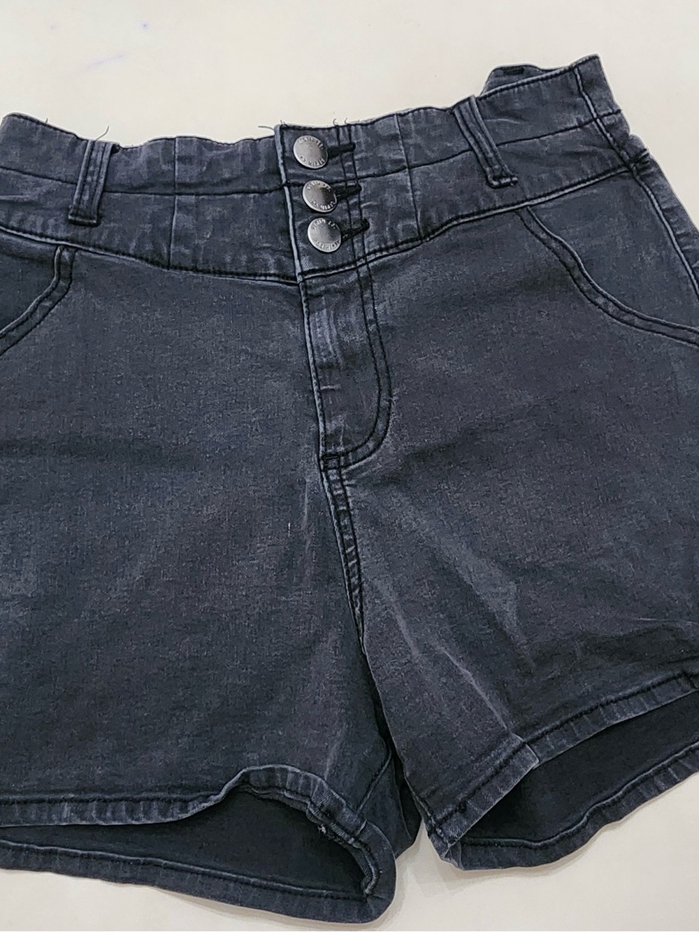 Denim&Co High-Waist Charcoal Black Triple-Button Denim Shorts